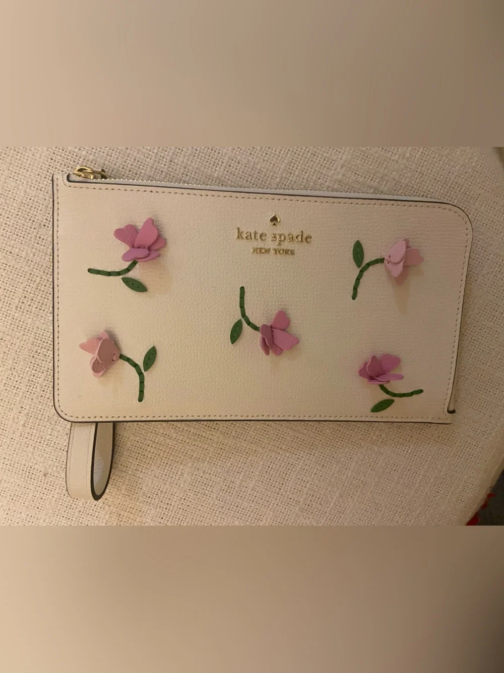 kate spade Lucy Leather Wristlet with 3D Pink Floral Appliqués